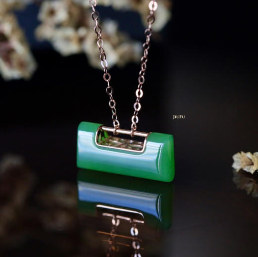 18K玫瑰金和田玉（碧玉）镶钻项链--平安锁/异形9*18mm/链长40+2cm 商品图5