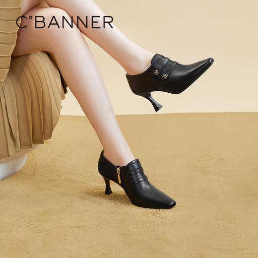 千百度粗跟单鞋女秋季时装踝靴羊皮高跟鞋方头软面女鞋A23477211 商品图2