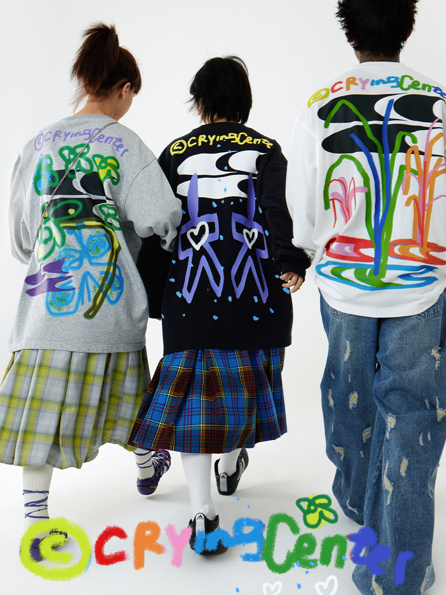 CryingCenter 手绘涂鸦园中景观黑白灰宽松套头卫衣长T恤哭喊中心
