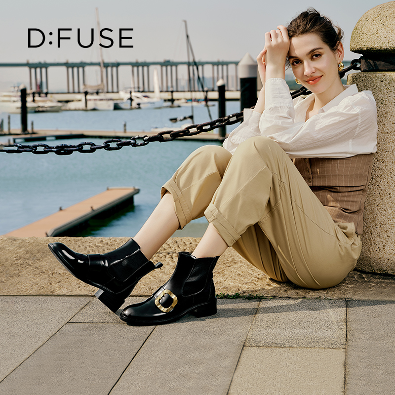 【复古藏家】D:FUSE迪芙斯冬款女靴切尔西靴牛皮圆头复古方扣短靴女DF34116227