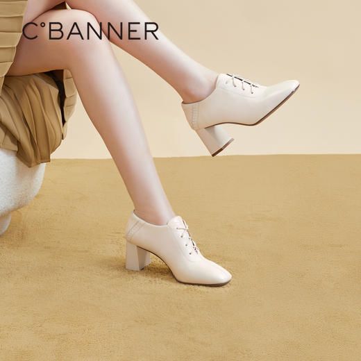 千百度时装踝靴秋季粗跟单鞋女羊皮高跟鞋方头软面女鞋A23476907 商品图2