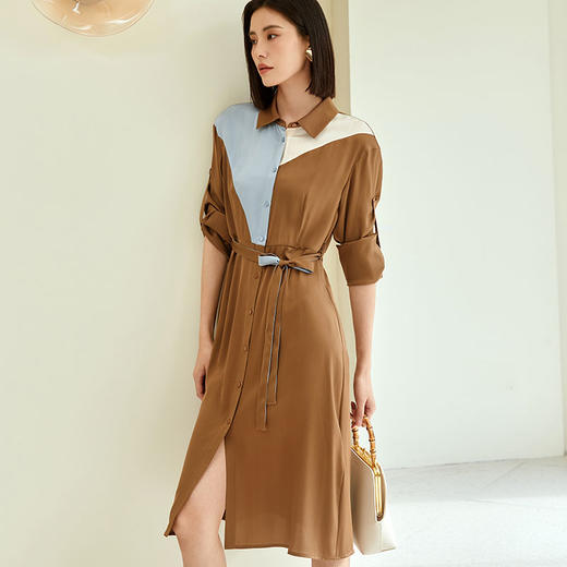 玳莎拼色复古真丝衬衫裙秋季新款中长款气质收腰高级感连衣裙  DC35301 商品图1