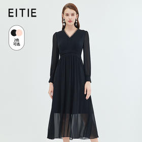 EITIE爱特爱法式复古垂坠网纱V领收腰长袖连衣裙秋季新款C2307248