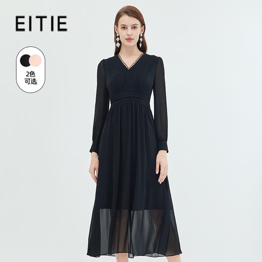 EITIE爱特爱法式复古垂坠网纱V领收腰长袖连衣裙秋季新款C2307248 商品图0