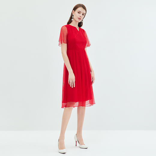 EITIE爱特爱法式优雅精致收腰绣花V领红色连衣裙夏季新款B07182 商品图1