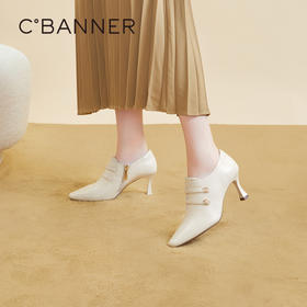 千百度粗跟单鞋女秋季时装踝靴羊皮高跟鞋方头软面女鞋A23477211