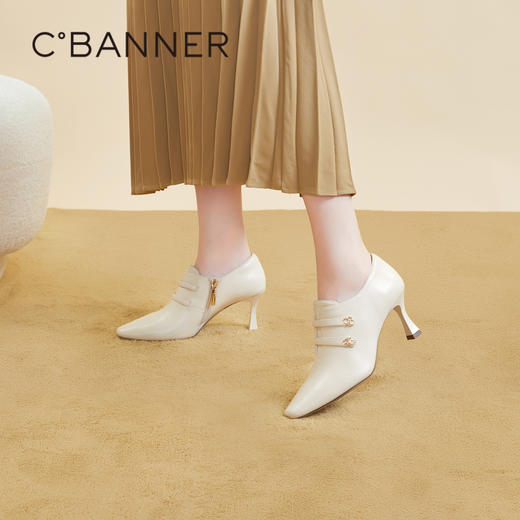 千百度粗跟单鞋女秋季时装踝靴羊皮高跟鞋方头软面女鞋A23477211 商品图0