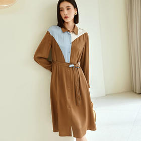 玳莎拼色复古真丝衬衫裙秋季新款中长款气质收腰高级感连衣裙  DC35301