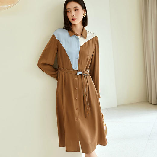 玳莎拼色复古真丝衬衫裙秋季新款中长款气质收腰高级感连衣裙  DC35301 商品图0