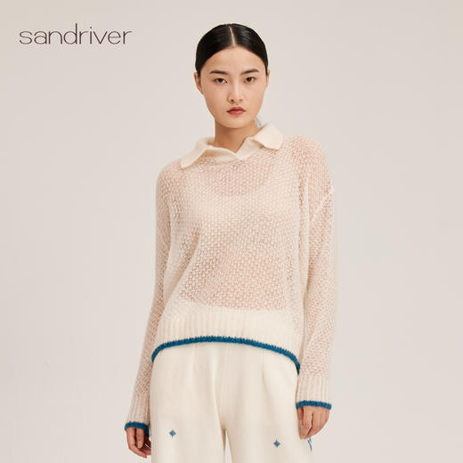 羊绒桑蚕丝撞边镂空polo衫SJF95W586K 商品图1