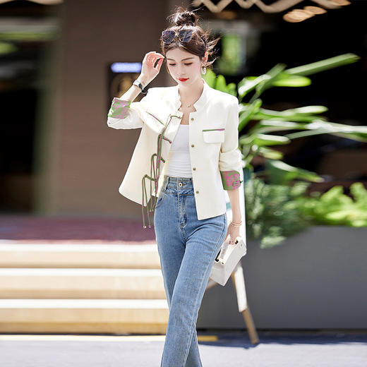 WZNHWW18099气质名媛风外套女2024年春秋季上新拼接撞色国风轻奢百搭收腰显瘦 商品图0