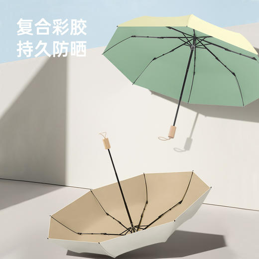 【三折新款实木手柄雨伞】彩胶晴雨伞，手动折叠伞，女防紫外线礼品伞。采用高质量涂层，有效防紫外线；实木手柄设计，手感舒适；手动折叠设计，方便携带。 商品图1