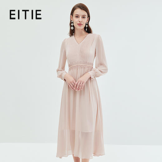 EITIE爱特爱法式复古垂坠网纱V领收腰长袖连衣裙秋季新款C2307248 商品图1