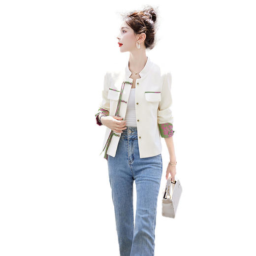 WZNHWW18099气质名媛风外套女2024年春秋季上新拼接撞色国风轻奢百搭收腰显瘦 商品图4