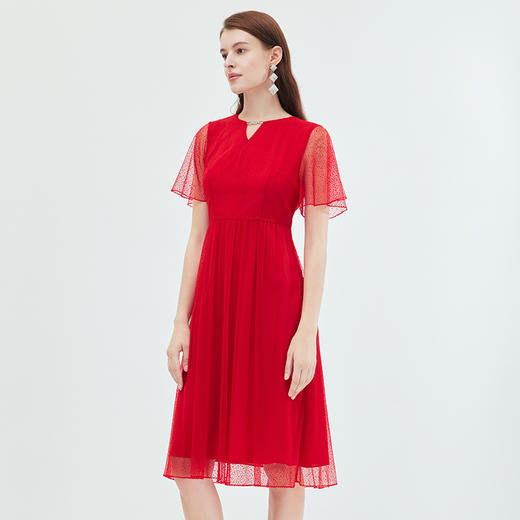EITIE爱特爱法式优雅精致收腰绣花V领红色连衣裙夏季新款B07182 商品图3