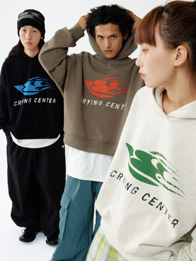 CryingCenter 浪花3C复古做旧短款新疆棉宽松戴帽卫衣哭喊中心