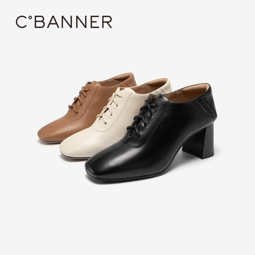 千百度时装踝靴秋季粗跟单鞋女羊皮高跟鞋方头软面女鞋A23476907 商品图4