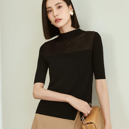 玳莎半高圆领针织衫女新款小众拼接设计感修身套头衫  DC33101 商品图1