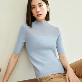 玳莎半高圆领针织衫女新款小众拼接设计感修身套头衫  DC33101