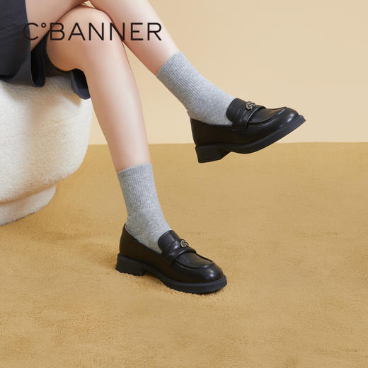 千百度黑色乐福鞋女秋季正装通勤英伦风小皮鞋一脚蹬鞋子A23431835 商品图0