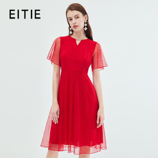 EITIE爱特爱法式优雅精致收腰绣花V领红色连衣裙夏季新款B07182 商品图0