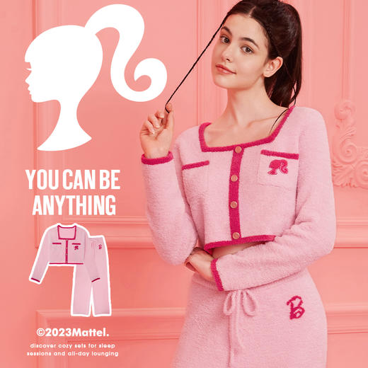 好奇蜜斯Barbie联名复古高腰小香风方领秋冬半边绒女士家居服套装 Elaine 伊莲恩 商品图0