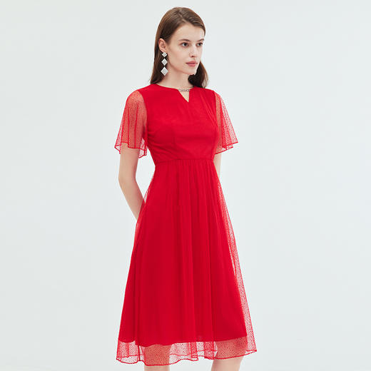 EITIE爱特爱法式优雅精致收腰绣花V领红色连衣裙夏季新款B07182 商品图2