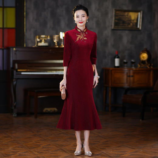 BLH-2330旗袍改良秋季新女酒红色喜长款鱼尾礼服连衣裙 商品图1