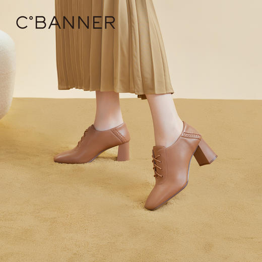 千百度时装踝靴秋季粗跟单鞋女羊皮高跟鞋方头软面女鞋A23476907 商品图0