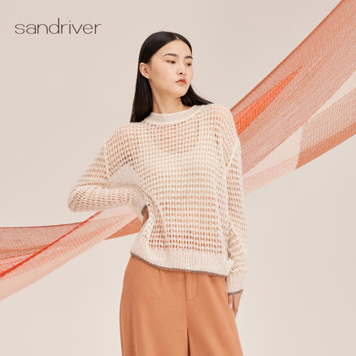 羊绒桑蚕丝撞边镂空圆领套衫SJF95W587K 商品图1