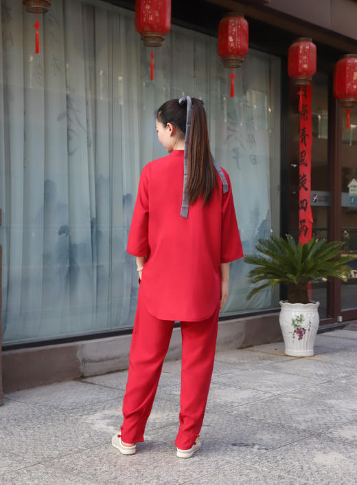天麻面料枣红色七分袖套头太极服女装套装 商品图2