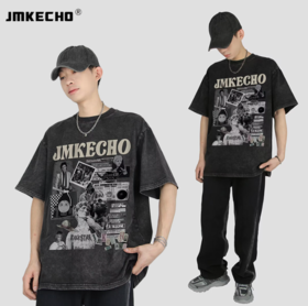 【服饰鞋包】JMKECHO男装美式复古潮牌嘻哈做旧水洗短袖t恤oversize街头男女款