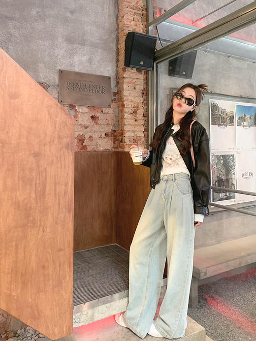 <曾小咸推荐>【梦幻萌宠】猫咪印花长袖T恤/收扣白色牛仔裤 商品图8