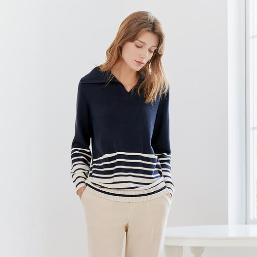 【条纹撞色V领套衫】23年秋冬新品女士针织套衫时尚条纹直筒宽松上衣 商品图1