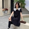 【法式初恋甜美连衣裙女】学院风娃娃领宽松中长款气质小黑裙，大码女装胖mm宽松遮肉显瘦，娃娃领连衣裙夏季新款短袖遮肚减龄裙子 商品缩略图1