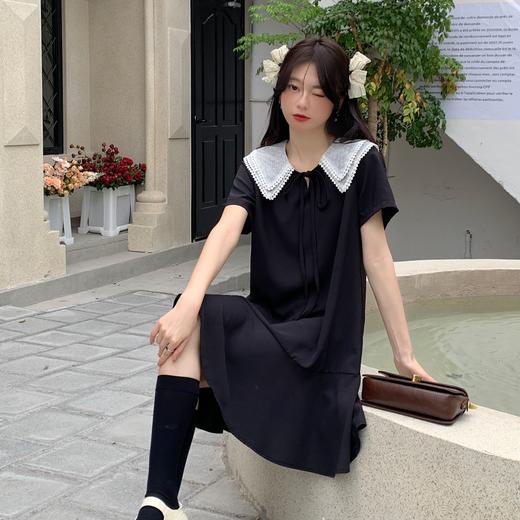 【法式初恋甜美连衣裙女】学院风娃娃领宽松中长款气质小黑裙，大码女装胖mm宽松遮肉显瘦，娃娃领连衣裙夏季新款短袖遮肚减龄裙子 商品图1