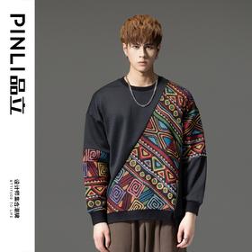 PINLI品立秋季新品拼接提花卫衣男士圆领民族风宽松上衣潮牌B233109012