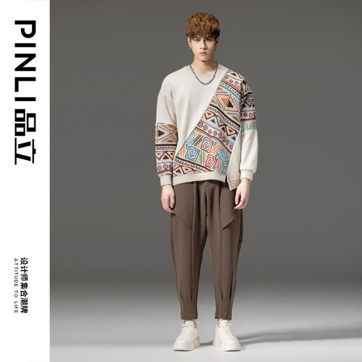 PINLI品立秋季新品拼接提花卫衣男士圆领民族风宽松上衣潮牌B233109012 商品图1