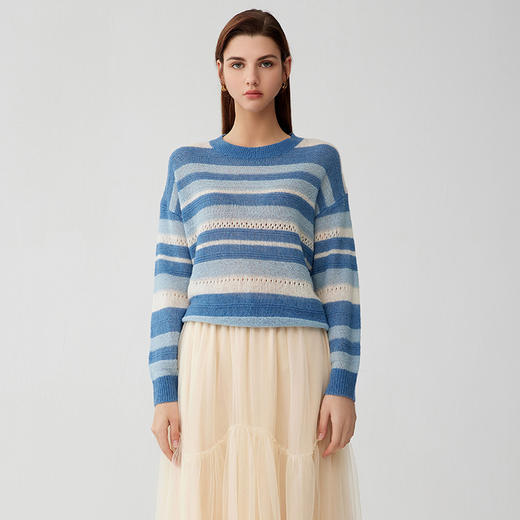 【羊绒+桑蚕丝条纹镂空毛衣】羊绒世家23年秋冬新品女士圆领套衫时尚镂空毛衣 商品图0