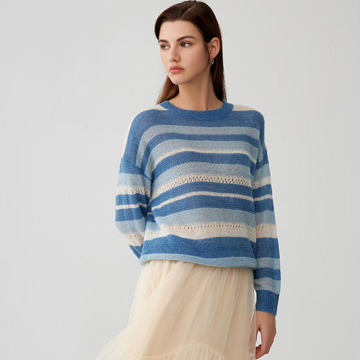 【羊绒+桑蚕丝条纹镂空毛衣】羊绒世家23年秋冬新品女士圆领套衫时尚镂空毛衣 商品图1