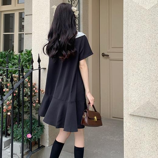 【法式初恋甜美连衣裙女】学院风娃娃领宽松中长款气质小黑裙，大码女装胖mm宽松遮肉显瘦，娃娃领连衣裙夏季新款短袖遮肚减龄裙子 商品图2