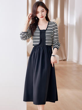 秋季新款，气质时尚优雅条纹针织开衫修身吊带连衣裙两件套HR-WA23679