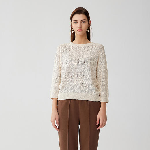 【棉麻镂空针织套衫】23年秋冬新品女士圆领针织套头衫时尚镂空薄款九分袖毛衣 商品图0