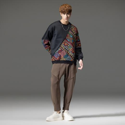 PINLI品立秋季新品拼接提花卫衣男士圆领民族风宽松上衣潮牌B233109012 商品图4