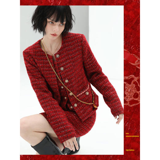 COCOBELLA质感细闪银葱小香风花呢短裙女重工手缝链条半身裙HS549 商品图3