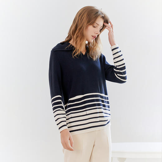 【条纹撞色V领套衫】23年秋冬新品女士针织套衫时尚条纹直筒宽松上衣 商品图2