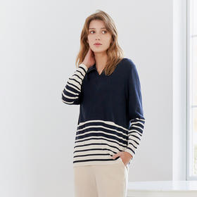 【条纹撞色V领套衫】23年秋冬新品女士针织套衫时尚条纹直筒宽松上衣