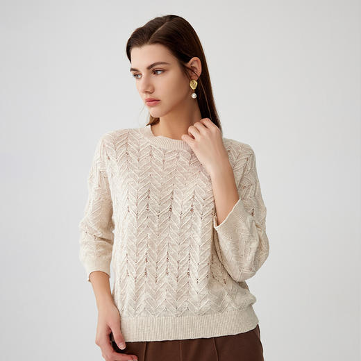 【棉麻镂空针织套衫】23年秋冬新品女士圆领针织套头衫时尚镂空薄款九分袖毛衣 商品图2