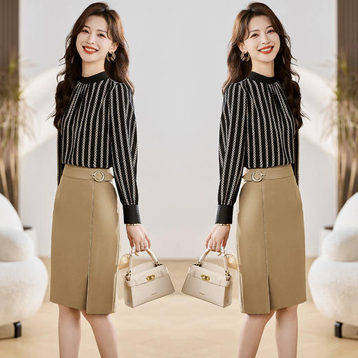 HRWM881229 套装女2023年秋上新时尚潮流修身显瘦名媛风拼色上衣搭纯色包臀裙 商品图3