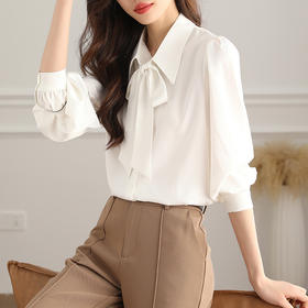 KQL645T8389 灯笼袖春夏新款蝴蝶结衬衫白色内搭衬衣女正装系带设计感职业上衣